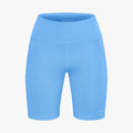 Rohnisch's Flattering High Waist Bike Shorts are blue, moisture-wicking, high-waisted athletic shorts with side pockets and an adjustable drawstring, ideal for exercise and active wear.