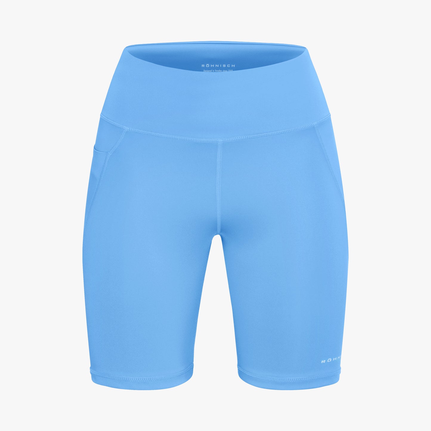 Rohnisch's Flattering High Waist Bike Shorts are blue, moisture-wicking, high-waisted athletic shorts with side pockets and an adjustable drawstring, ideal for exercise and active wear.