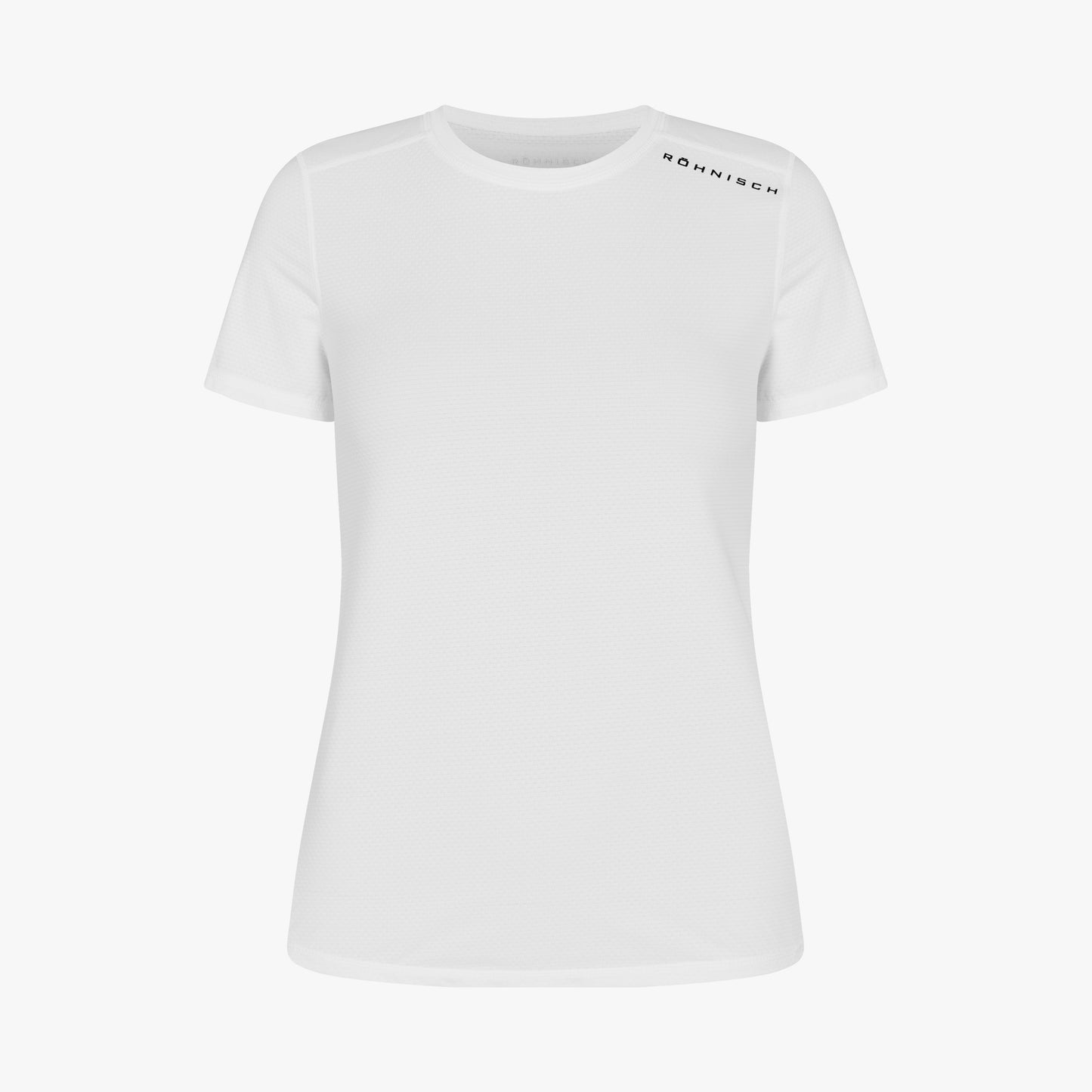 The Rohnisch Jacquard Short Sleeve Tee is a white T-shirt made from breathable, recycled polyester, featuring a subtle logo on the upper right shoulder against a plain backdrop.