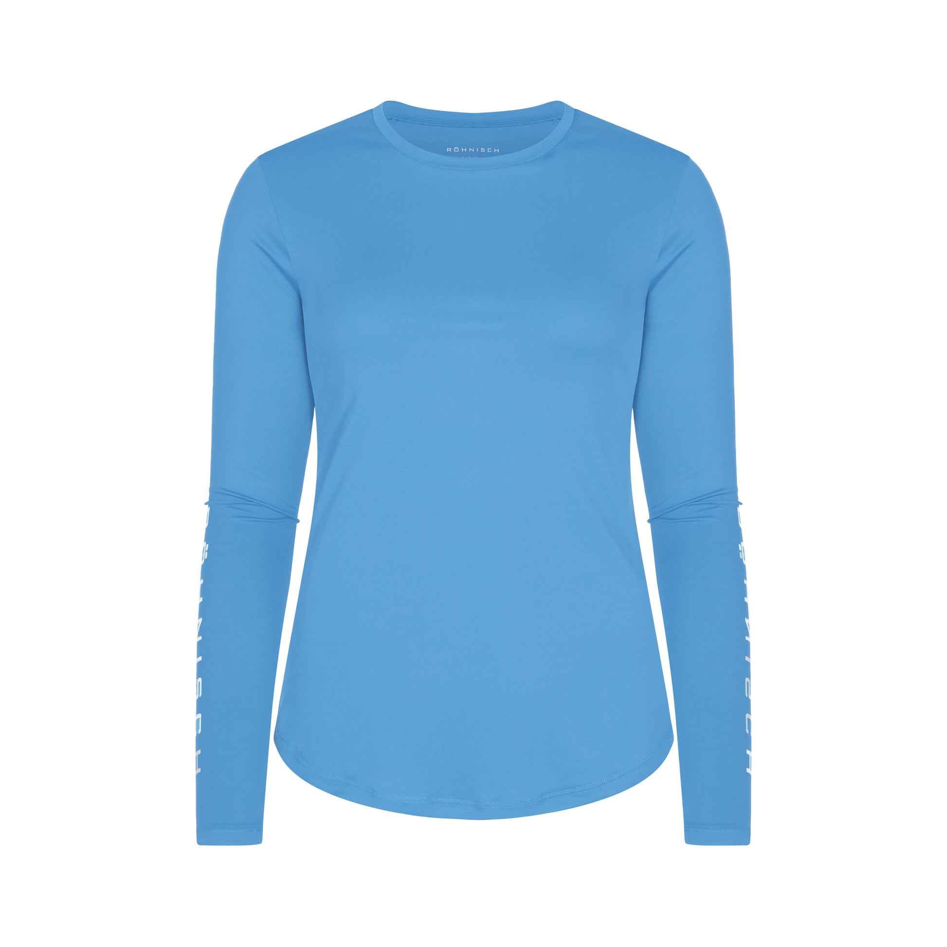 The Rohnisch Team Logo Long Sleeve is a plain, light blue athletic shirt with long sleeves, crew neckline, and white sleeve text. Made from moisture-wicking recycled polyester, it's shown on a white background.