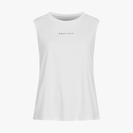 The Rohnisch Team Logo Singlet is a white sleeveless tank featuring "ROHNISCH" in bold black across the chest, made from breathable, moisture-wicking recycled fabrics and set against a plain background.