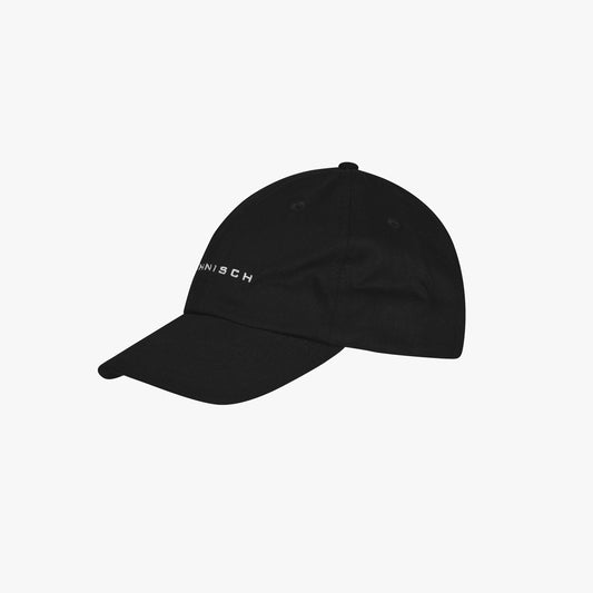 The Juno Cap by Rohnisch is a black baseball cap made from quick-drying, recycled polyester with a curved brim and small front logo. It features an adjustable strap for a perfect fit.