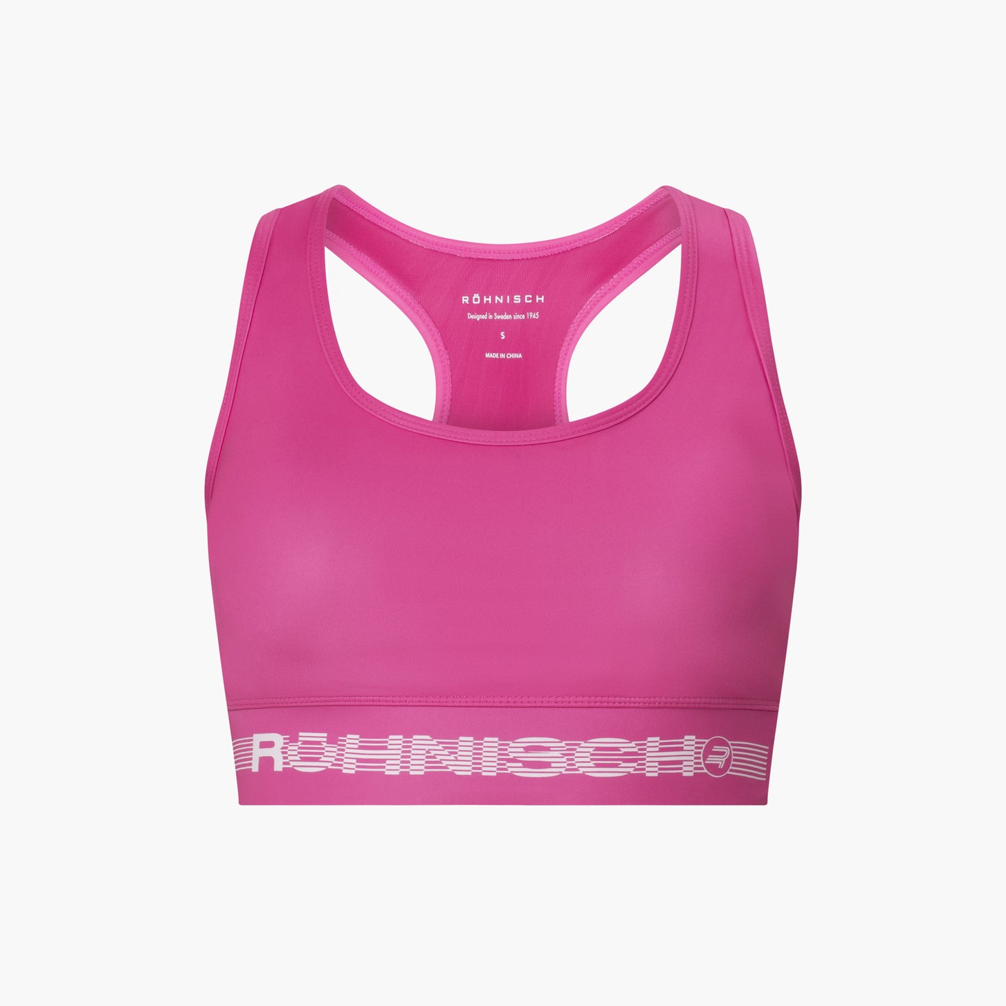 The Emblem Racerback Sportsbrah by Rohnisch, designed for high support, features moisture-wicking fabric and "Röhnisch" on the band, showcased against a plain white background.