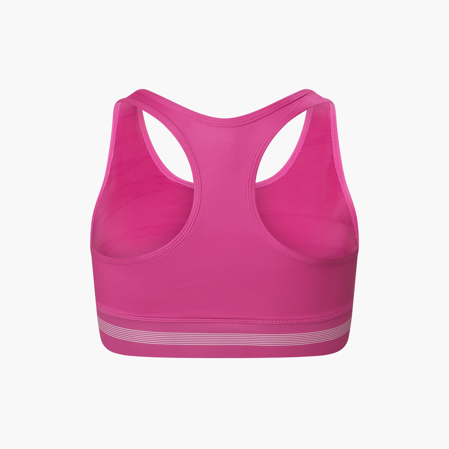The Rohnisch Emblem Racerback Sportsbrah in pink features moisture-wicking fabric, a striped bottom edge, and high support, set against a white background.