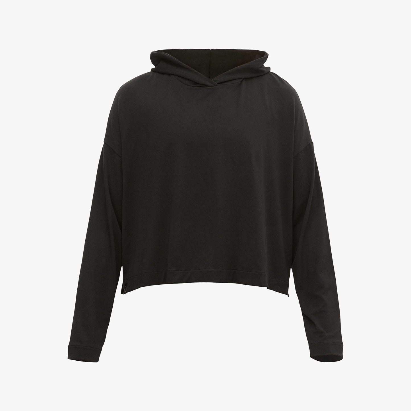 The Rohnisch Soft Jersey Hoodie is a black, loose-fit long-sleeve sweatshirt crafted from recycled polyester, shown on a plain white background.