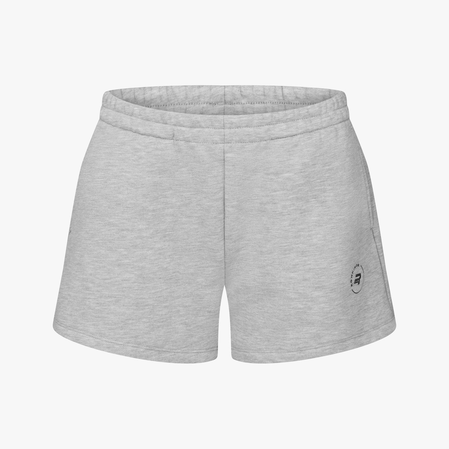 Rohnisch Soft Sweatshorts: gray terry fabric with an elastic waistband and small circular logo print on the lower left side.
