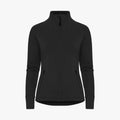 The Legacy Full Zip by Rohnisch is a black jacket with a high collar, long sleeves, and two front zippered pockets made from recycled polyester. Its sleek design features a discreet Röhnisch logo and stands out against a plain white background.