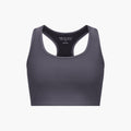 The Rohnisch Ribbed Sportsbra offers medium support, crafted from recycled polyester in dark gray with a racerback design.