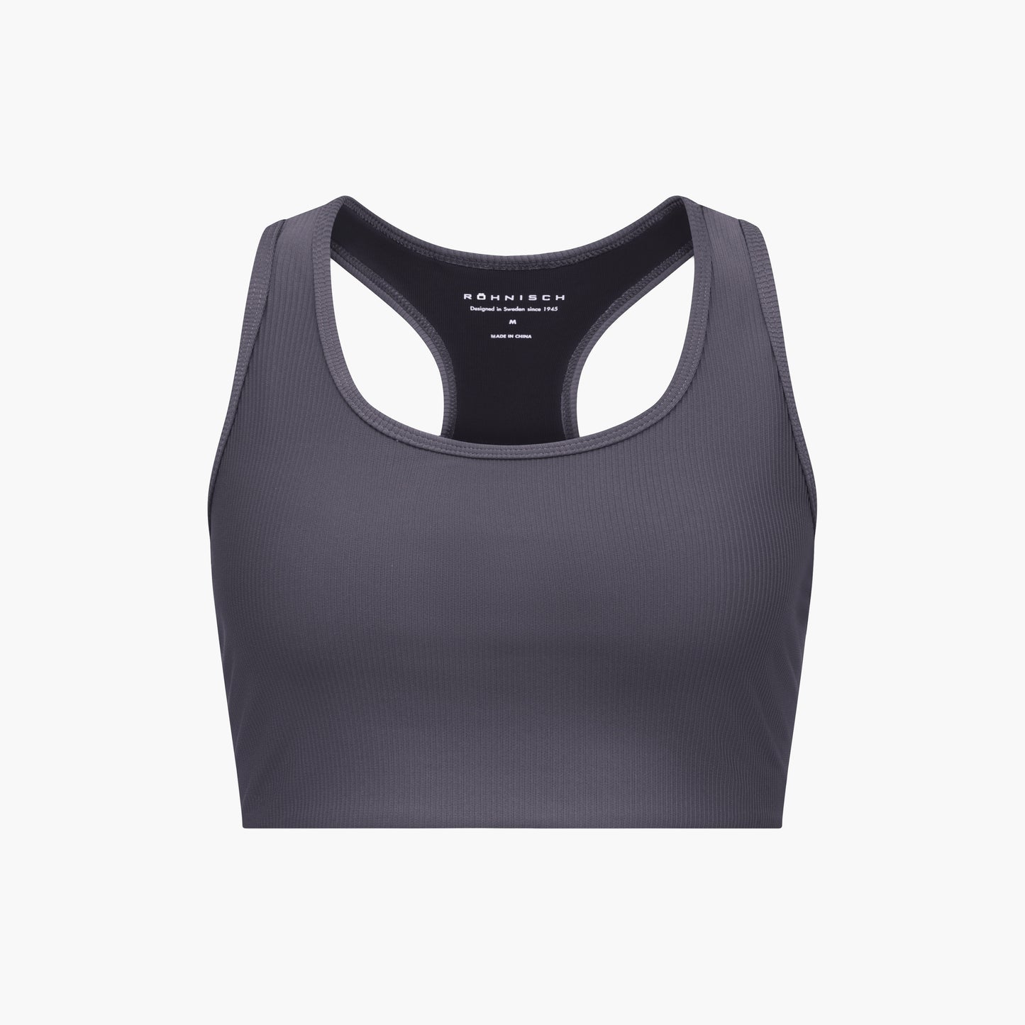 The Rohnisch Ribbed Sportsbra offers medium support, crafted from recycled polyester in dark gray with a racerback design.