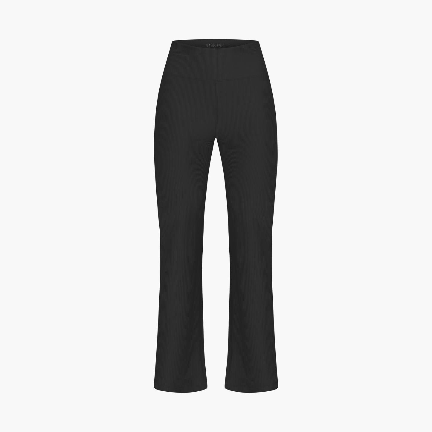 Black high-waisted flared leggings from Rohnisch, known as Ribbed Flair High Waist Tights, crafted from recycled polyester with a stylish ribbed design on a white background.
