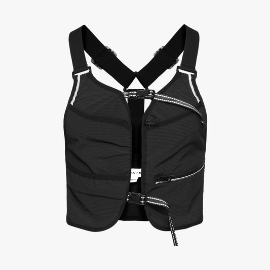 A black Glowy Running Vest by Rohnisch features adjustable straps, breathable mesh fabric, zippered pockets, and reflective details on a light gray backdrop.