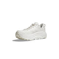 The Hoka U Mafate Speed 2 in White/Lunar Rock features a thick, textured Vibram Mega-Grip sole and is shown on a white background, angled to display its side and front—ideal for trail adventures.