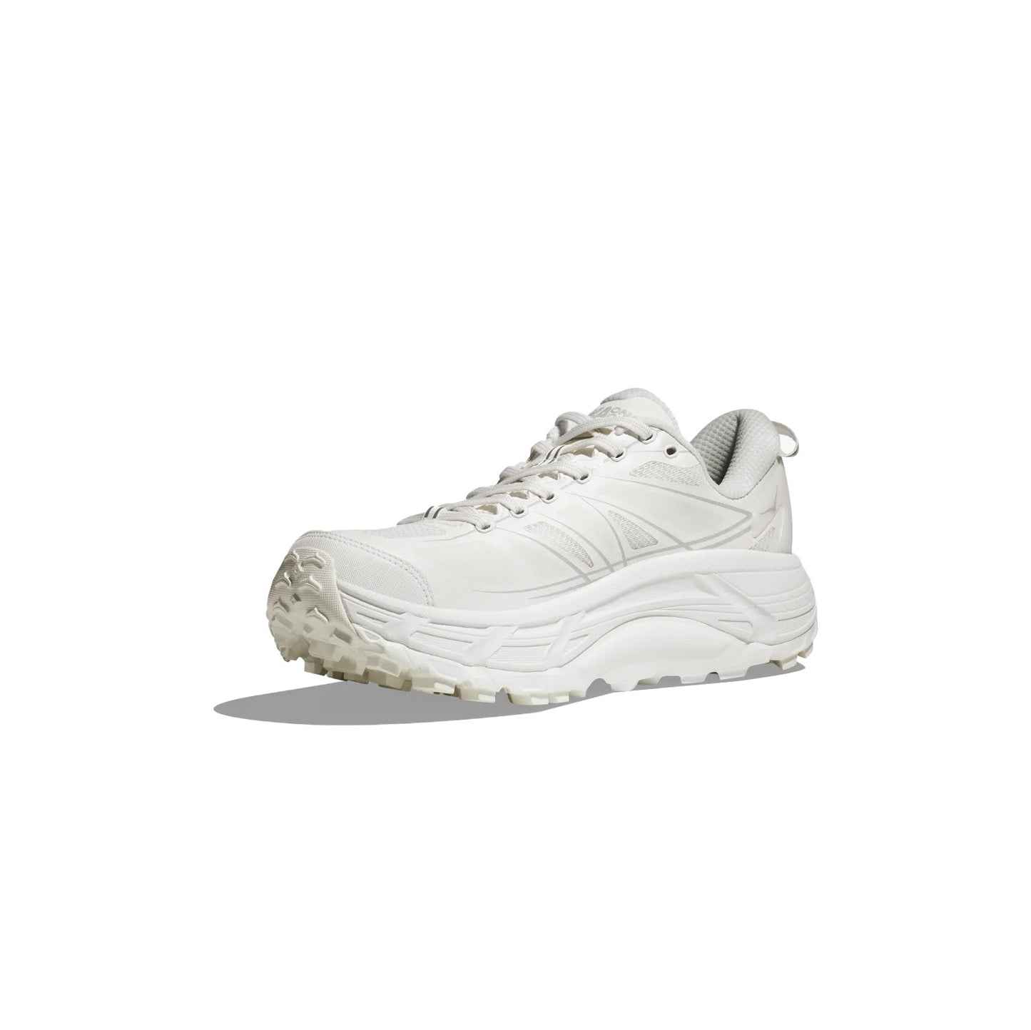 The Hoka U Mafate Speed 2 in White/Lunar Rock features a thick, textured Vibram Mega-Grip sole and is shown on a white background, angled to display its side and front—ideal for trail adventures.