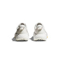 The Hoka U Mafate Speed 2 in White/Lunar Rock, shown from the back to highlight the heel and Vibram Mega-Grip sole, is perfect for trail adventures against a clean white backdrop.