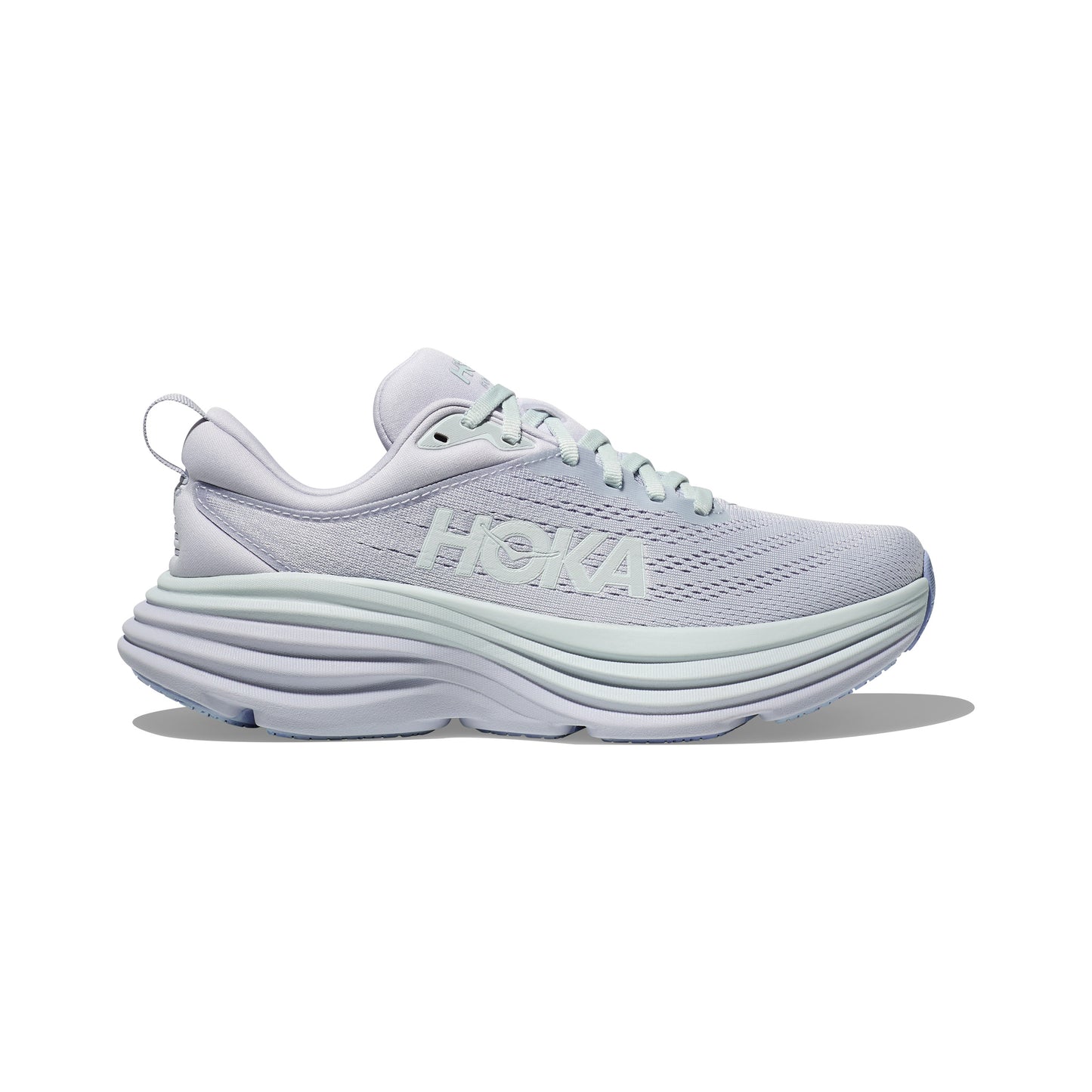 The W Bondi 8 sneaker by Hoka, in Ether/Illusion, features a thick cushioned sole for a balanced ride and a breathable mesh upper showcasing the signature "HOKA" branding.