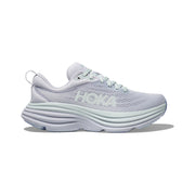 The W Bondi 8 sneaker by Hoka, in Ether/Illusion, features a thick cushioned sole for a balanced ride and a breathable mesh upper showcasing the signature "HOKA" branding.