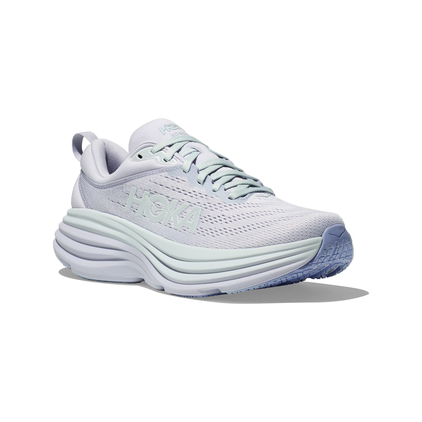 Side view of a single Hoka W Bondi 8 sneaker in Ether/Illusion with a thick sole and mesh upper featuring the brand logo, offering a soft and balanced ride.