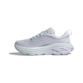 The W Bondi 8, Ether/Illusion by Hoka is a light gray athletic shoe with a lace-up closure and thick, cushioned sole for a soft ride, showcased on a plain white background.