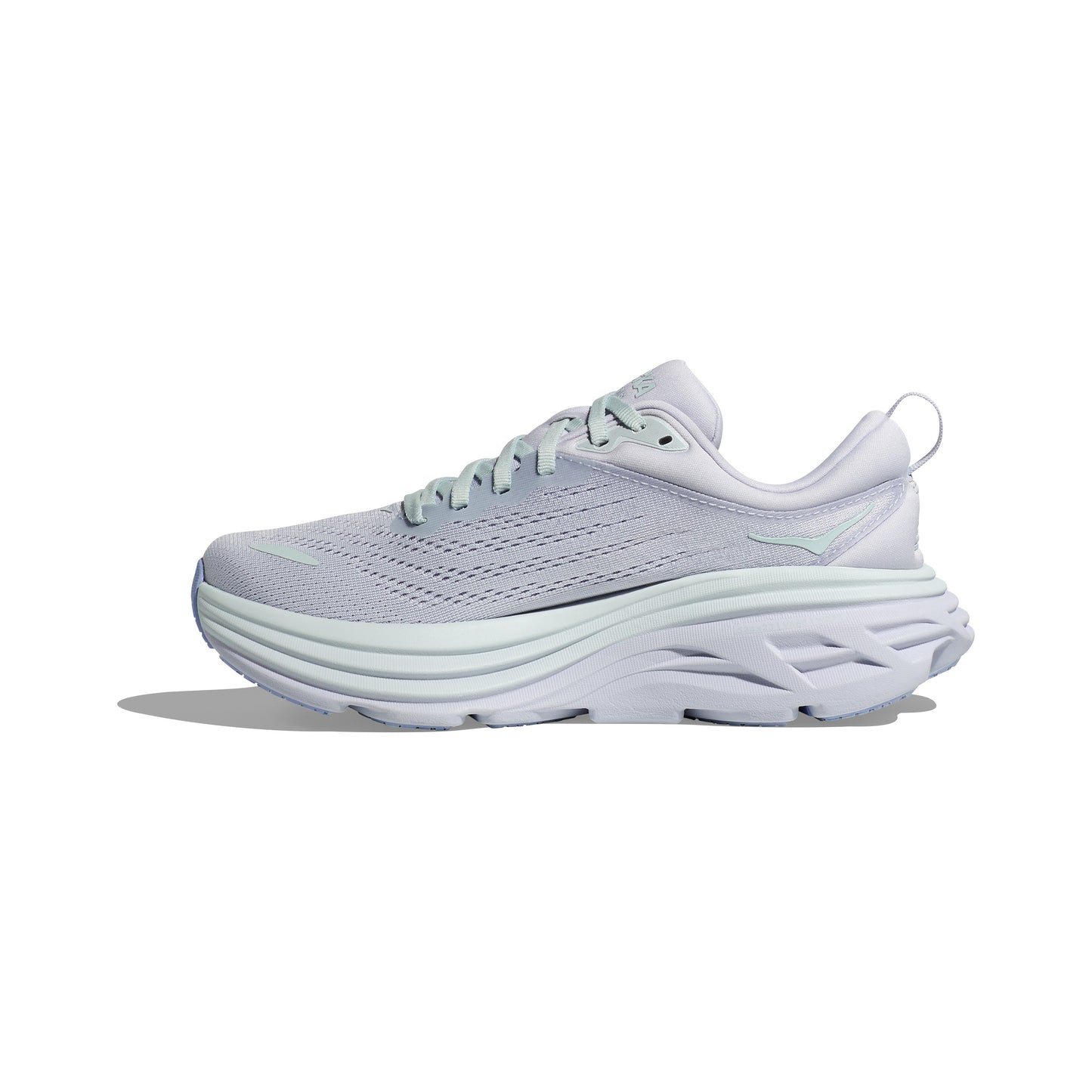 The W Bondi 8, Ether/Illusion by Hoka is a light gray athletic shoe with a lace-up closure and thick, cushioned sole for a soft ride, showcased on a plain white background.