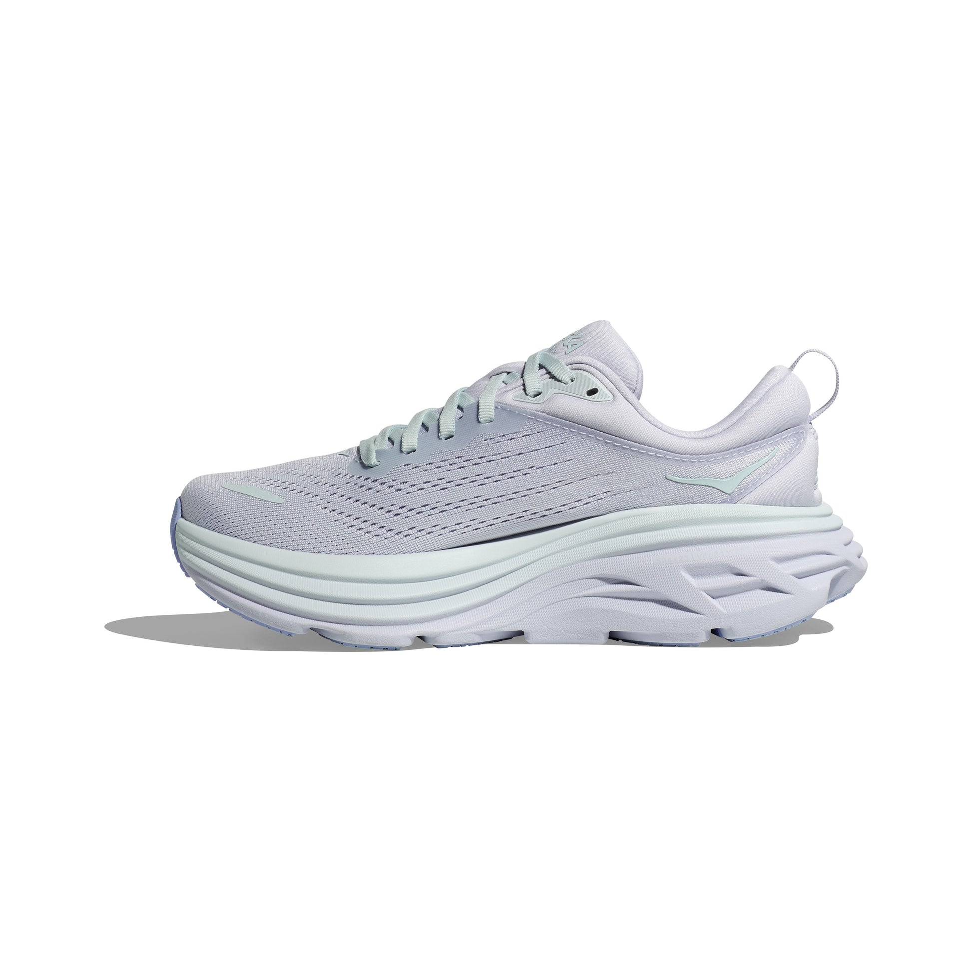 The W Bondi 8, Ether/Illusion by Hoka is a light gray athletic shoe with a lace-up closure and thick, cushioned sole for a soft ride, showcased on a plain white background.
