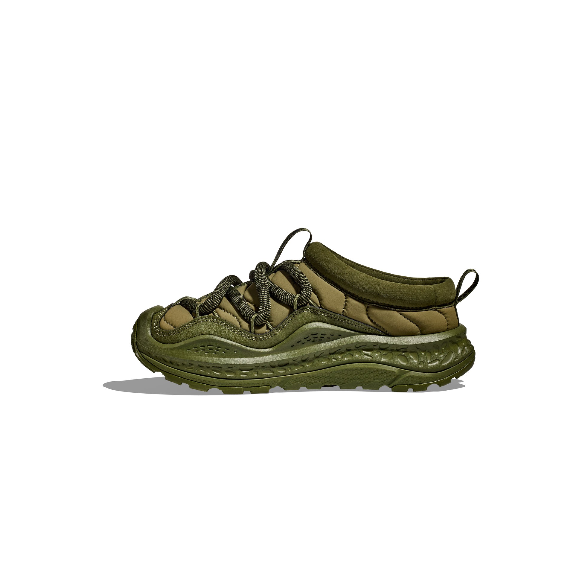 Enjoy ultimate comfort with the Hoka U Ora Primo slip-ons in olive green, featuring black laces and a textured, rugged sole for effortless style.