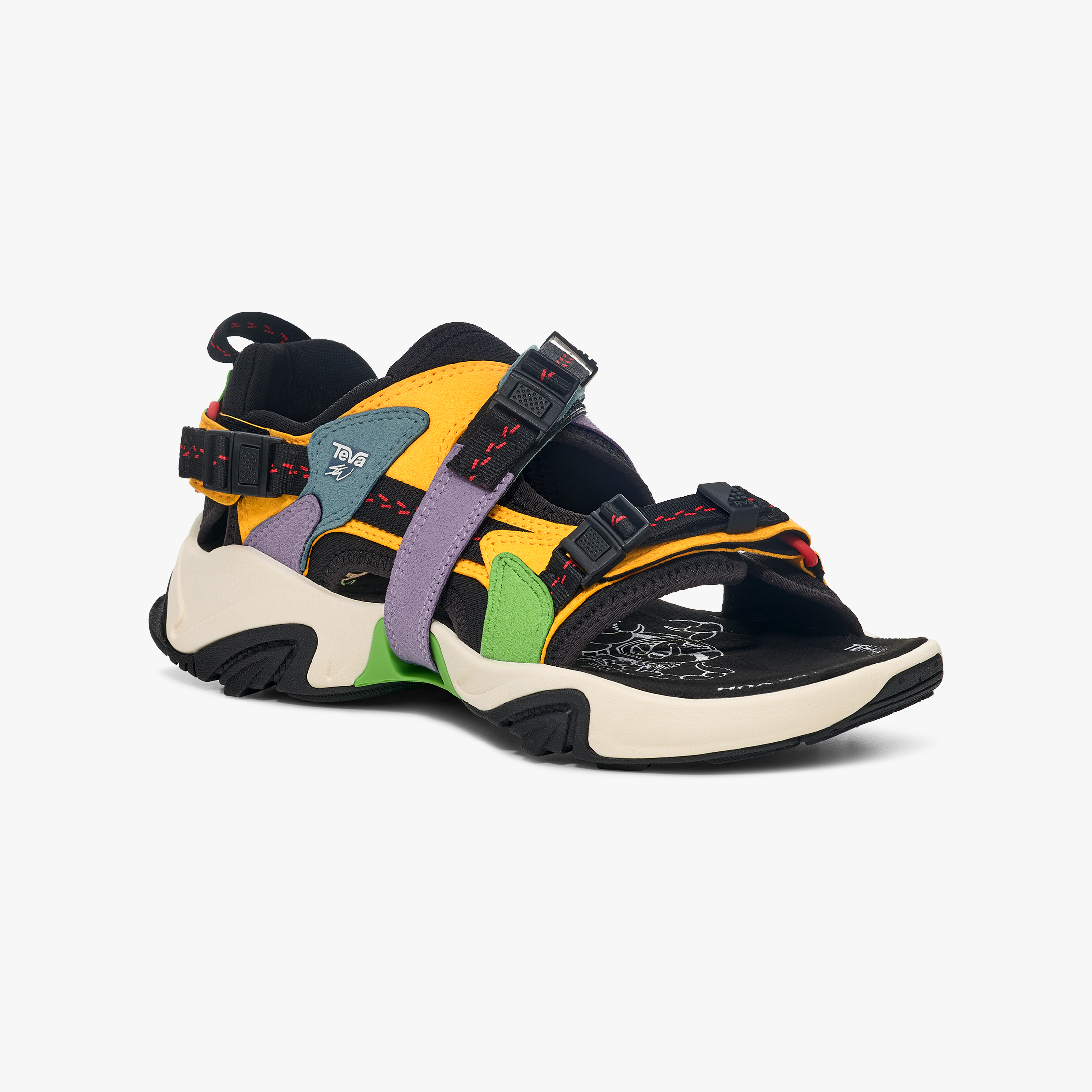 The Teva U SW X WRAPTOR Sandal features a multicolored design with black, yellow, purple, green, and red accents, a 360° strapping system for adjustable support, and a chunky sole; shown on a white background.