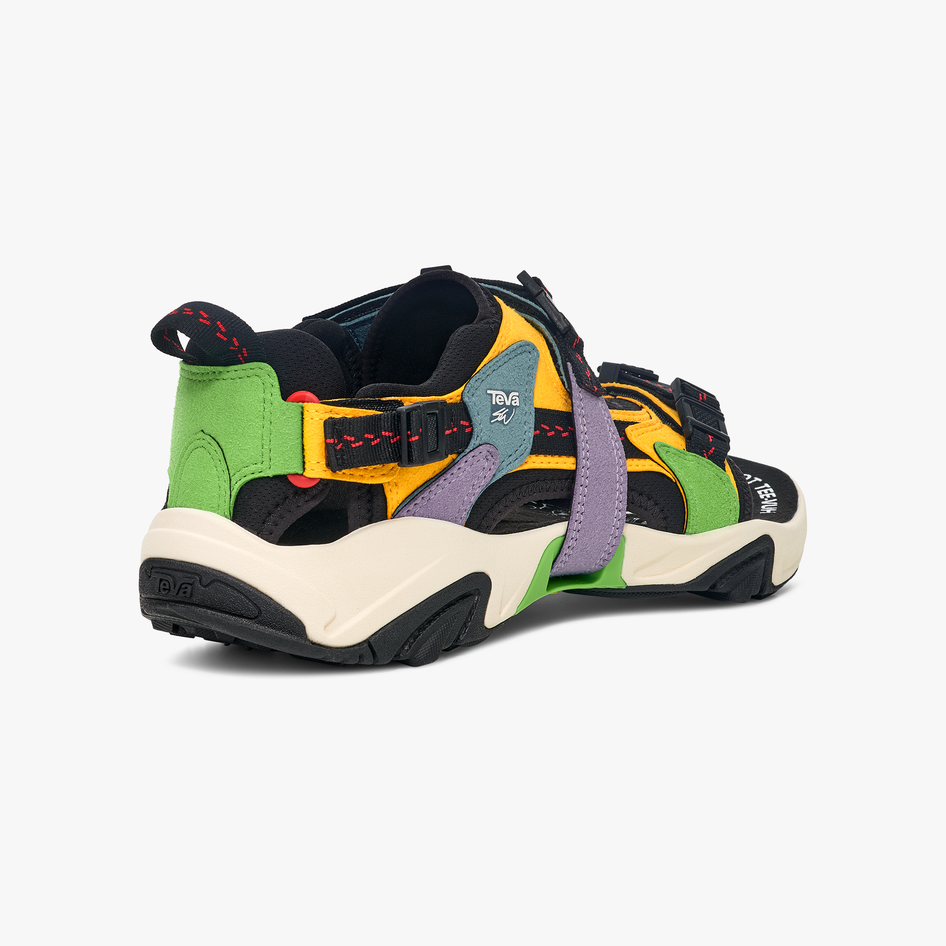 The Teva U SW X WRAPTOR Sandal features a 360-degree strapping system in green, purple, yellow, orange, and black panels with adjustable straps and a chunky textured sole, shown from a rear-side angle.