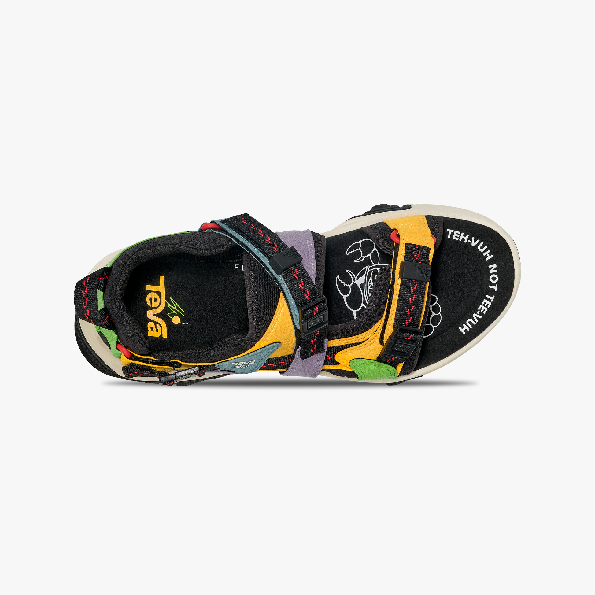 Top view of the Teva U SW X WRAPTOR Sandal featuring a 360-degree strapping system, black footbed with white graphics, and “TEH-UHVAH NOT TEH-VAH” printed near the toes.