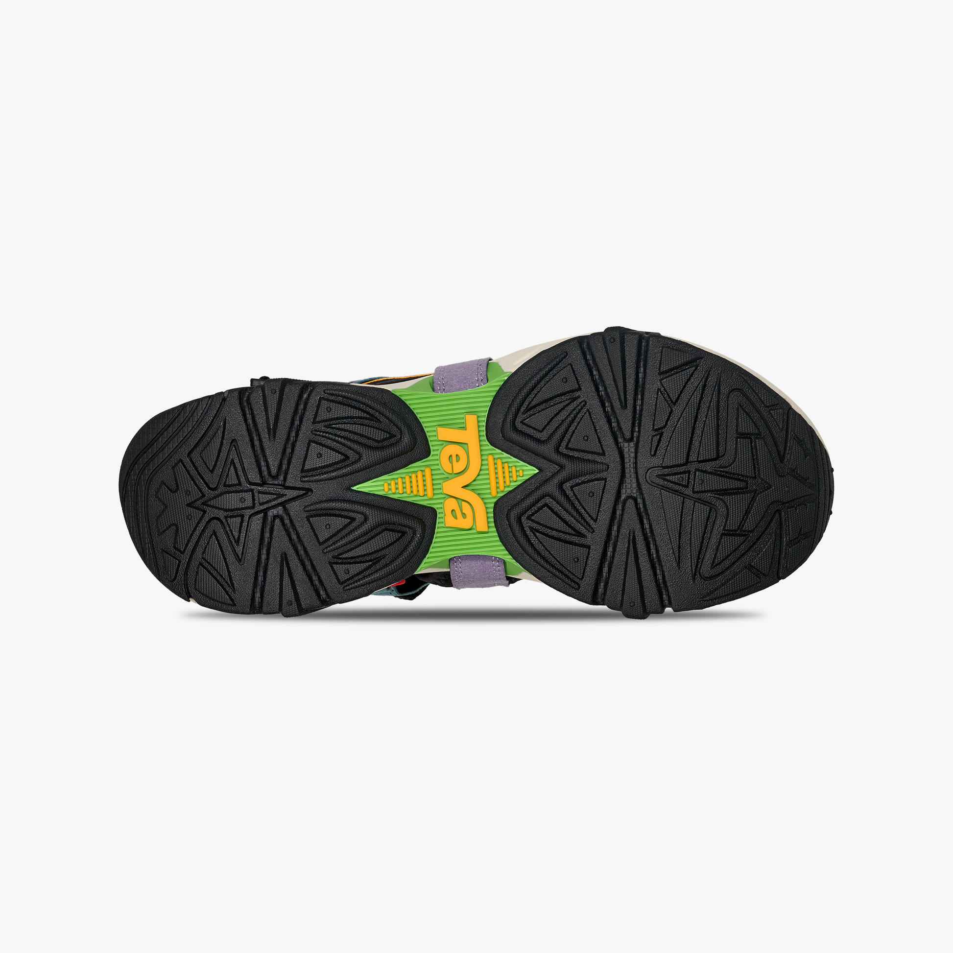 The Teva U SW X WRAPTOR Sandal features a black textured sole with a yellow logo, green accents, purple and beige details, and showcases its innovative 360-degree strapping system.