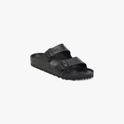 The Birkenstock Arizona EVA Narrow in Black is a water-friendly slide sandal with two adjustable buckle straps, a textured sole, and the iconic supportive footbed—shown here on a white background.