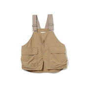The Beams Boy G.PE Hunt Vest features a tan design with front snap buttons, spacious flap pockets, and adjustable beige shoulder straps.
