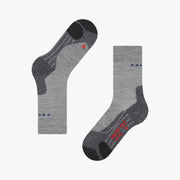 Two gray socks with black accents on a white background