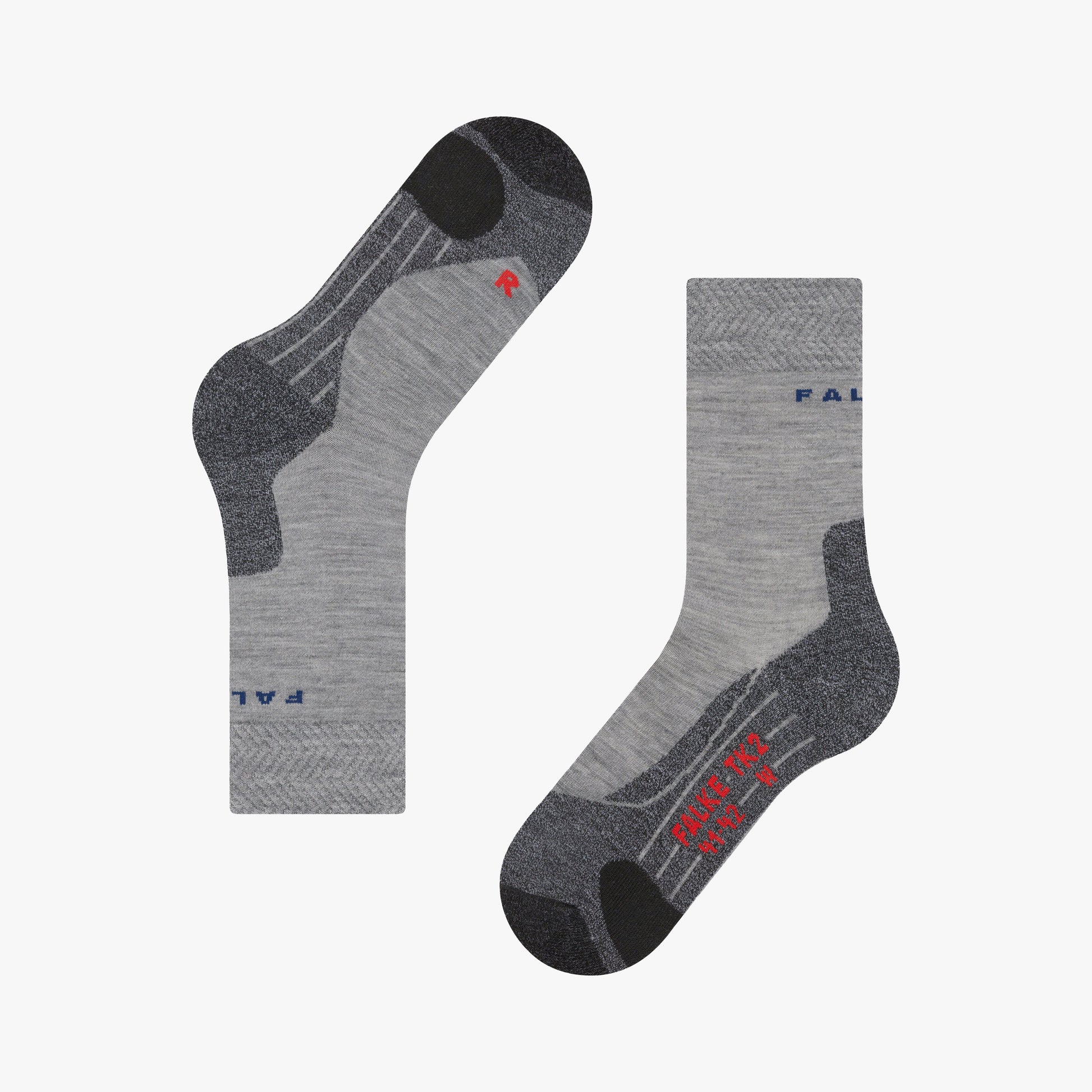 Two gray socks with black accents on a white background