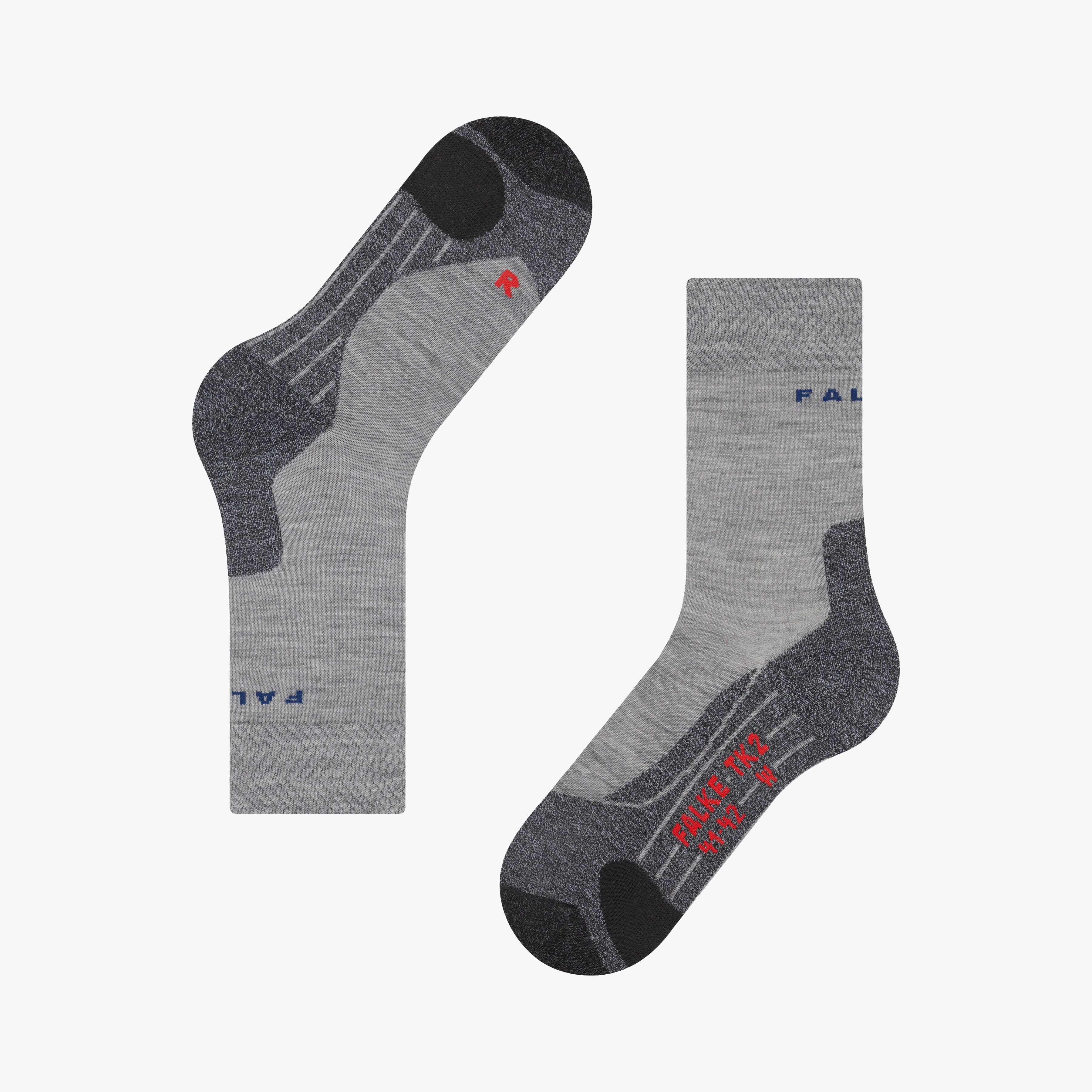 Two gray socks with black accents on a white background