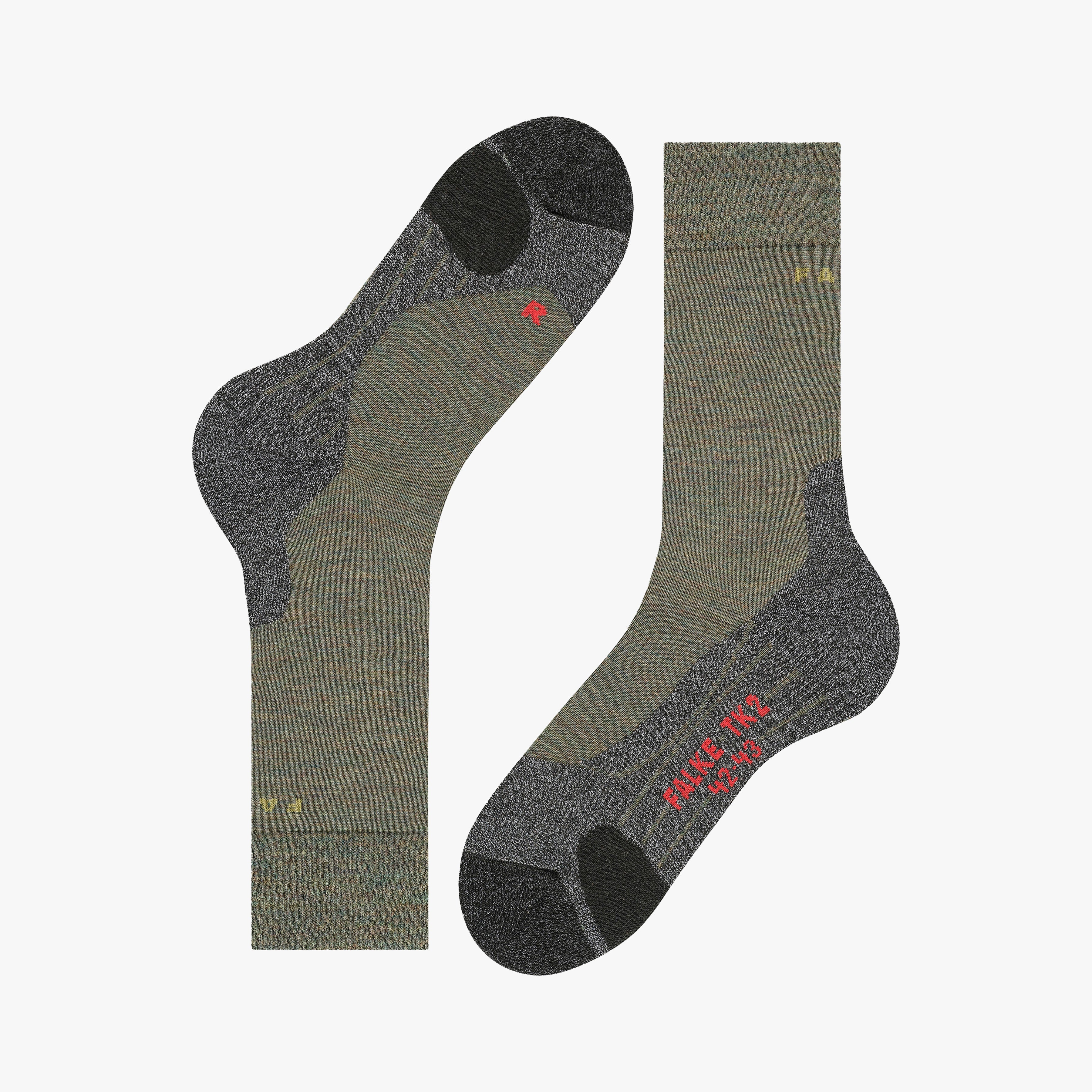 Two pairs of socks, one gray and one green, on a white background.