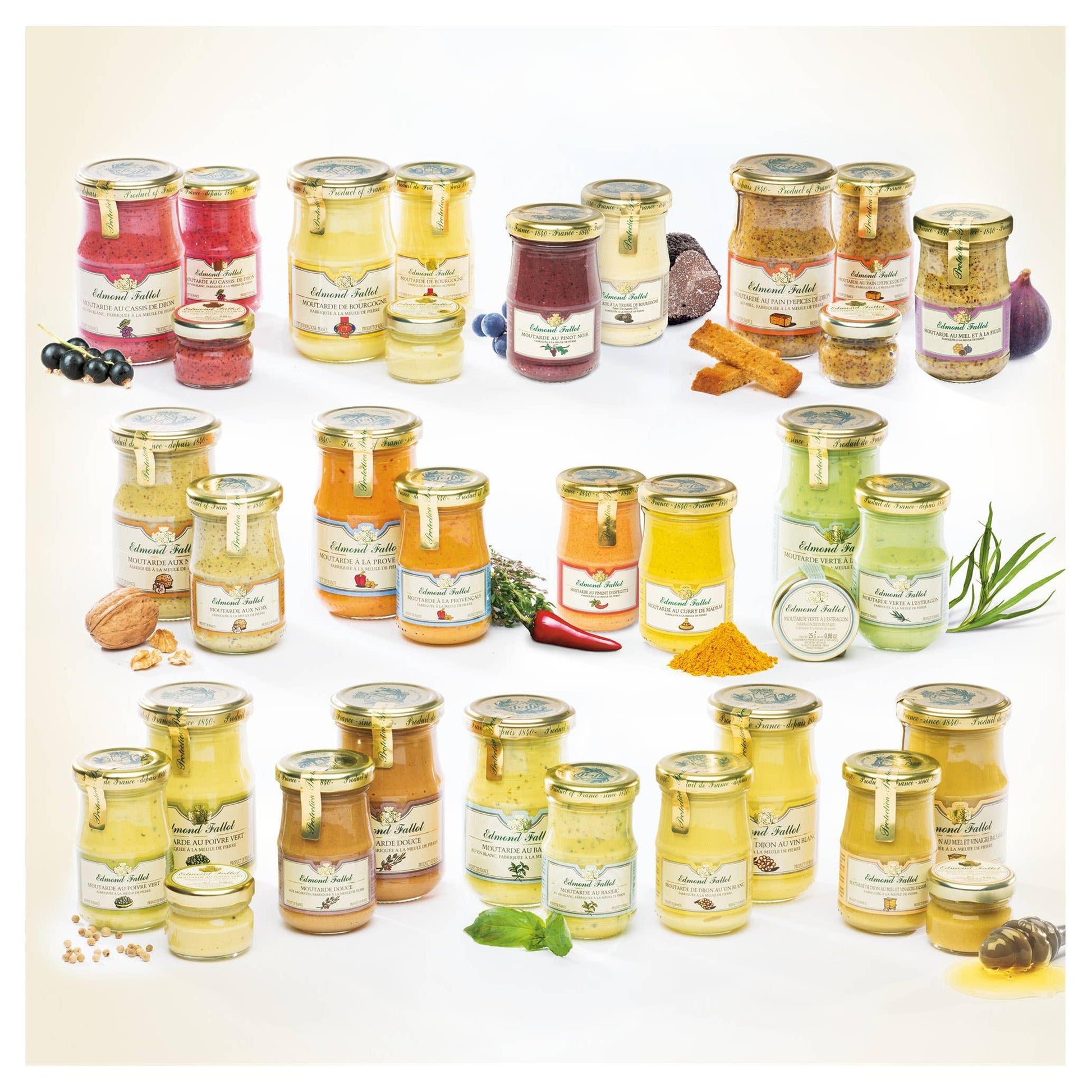 Various jars of Edmund Fallot Dijon Mustards arranged in rows, featuring different flavors and vibrant colors by Gourmet Food Solutions, Inc.