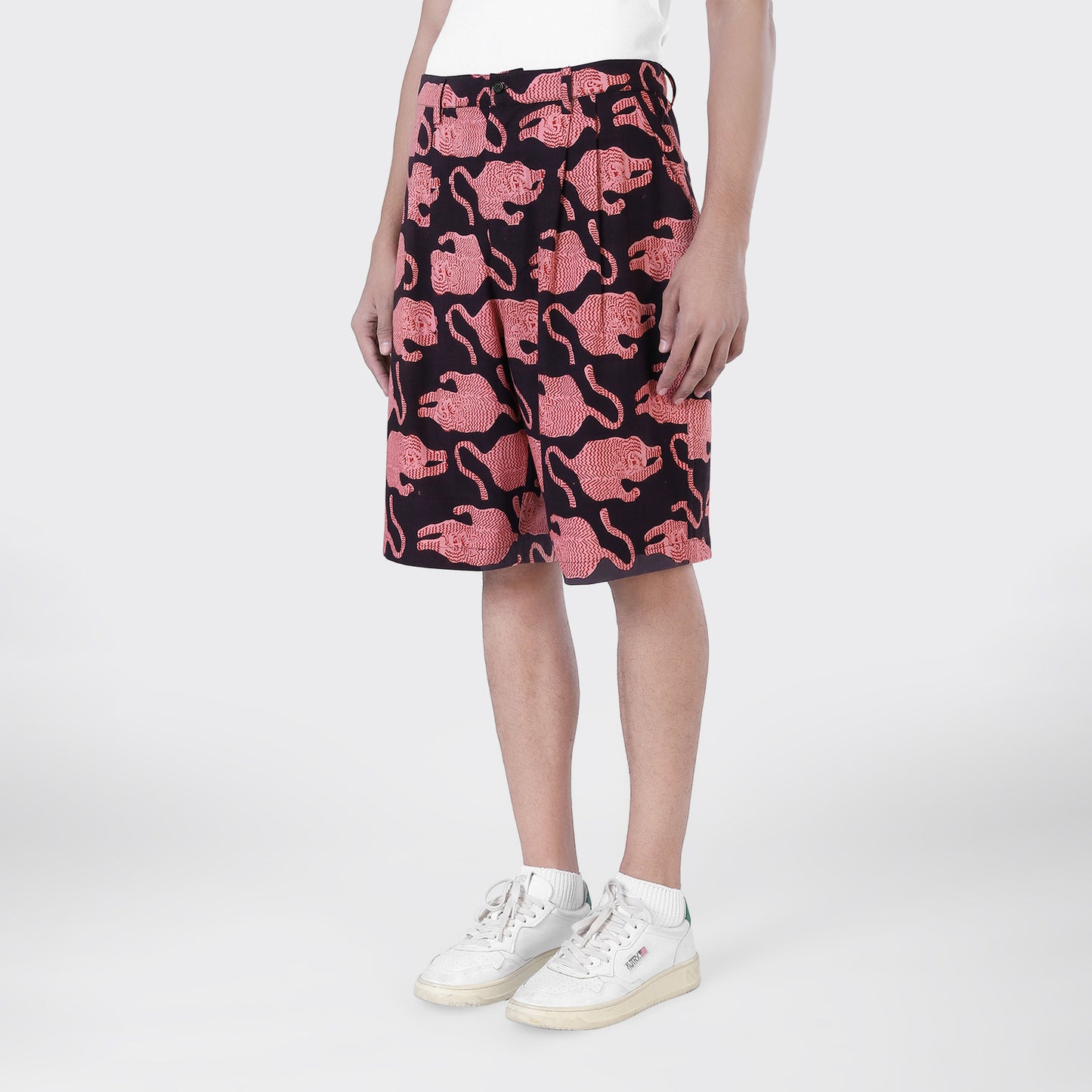 Armaan Double Pleat Shorts, Coral Block Print