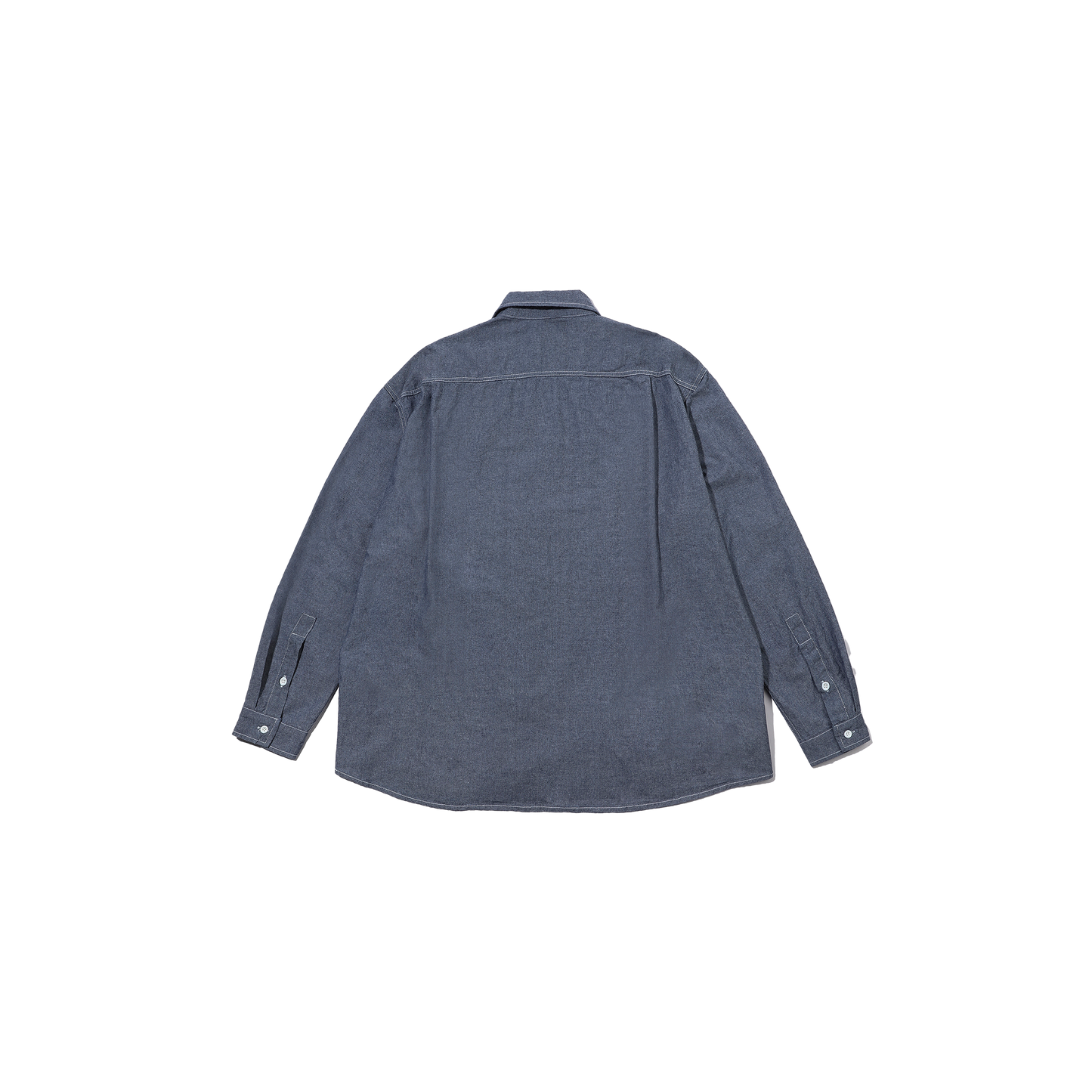 The dark blue Kappy 2 Pocket Denim Shirt is a unisex button-up, shown laid flat from the back, and made from 100% cotton for ultimate comfort.