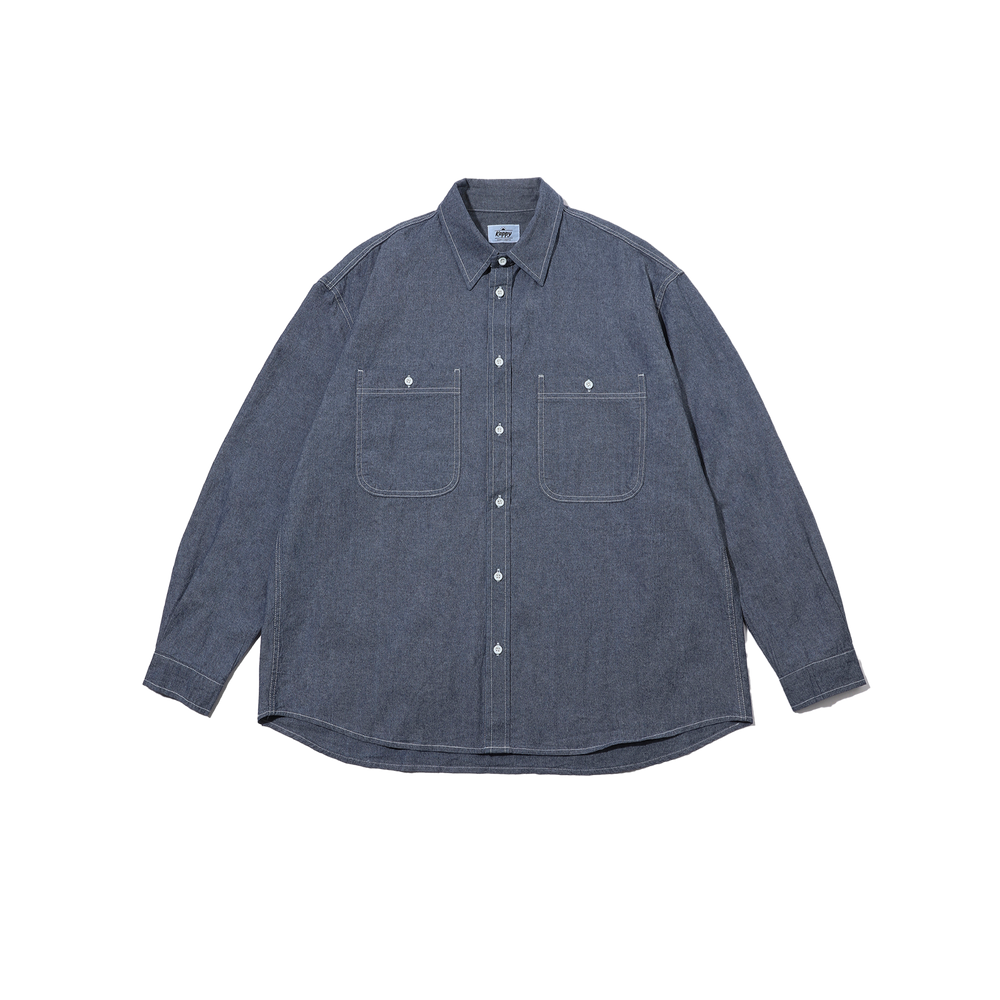 The Kappy 2 Pocket Denim Shirt is a unisex, blue, 100% cotton piece featuring a button-up design with a collar and two chest pockets against a white background.