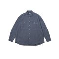 The Kappy 2 Pocket Denim Shirt is a unisex, blue, 100% cotton piece featuring a button-up design with a collar and two chest pockets against a white background.