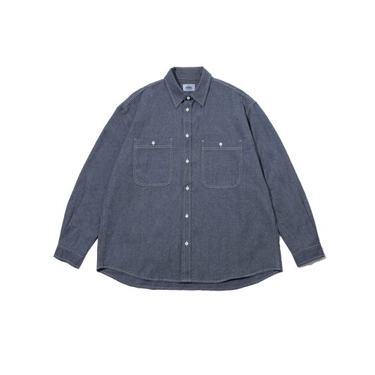 The Kappy 2 Pocket Denim Shirt is a unisex, blue, 100% cotton piece featuring a button-up design with a collar and two chest pockets against a white background.