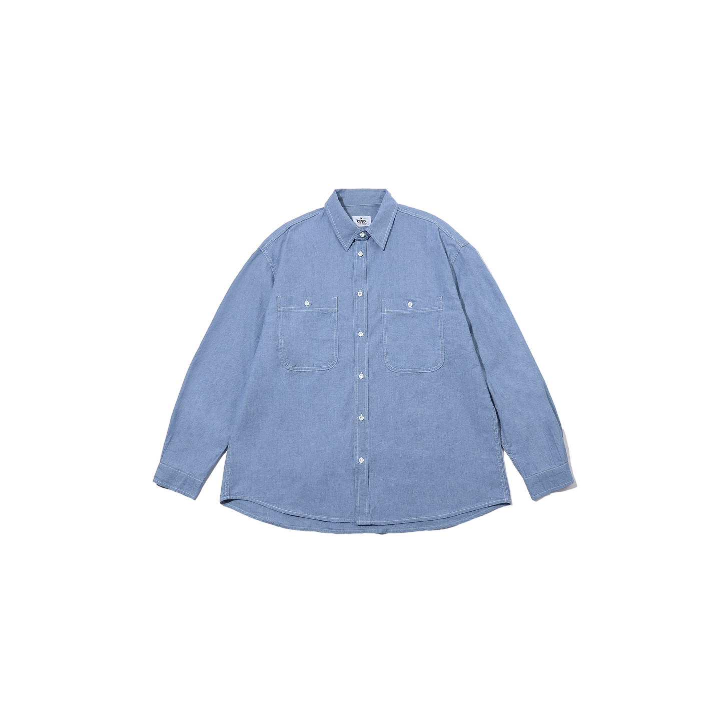 Kappy's unisex 100% cotton blue 2 Pocket Denim Shirt, featuring long sleeves and two chest pockets, is laid flat on a white background.