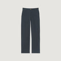 The Hikerkind Trail Trousers 02 are women’s dark blue straight-leg hiking pants with side pockets, a front zipper, and button closure, designed for comfort and shown laid flat on a white background.