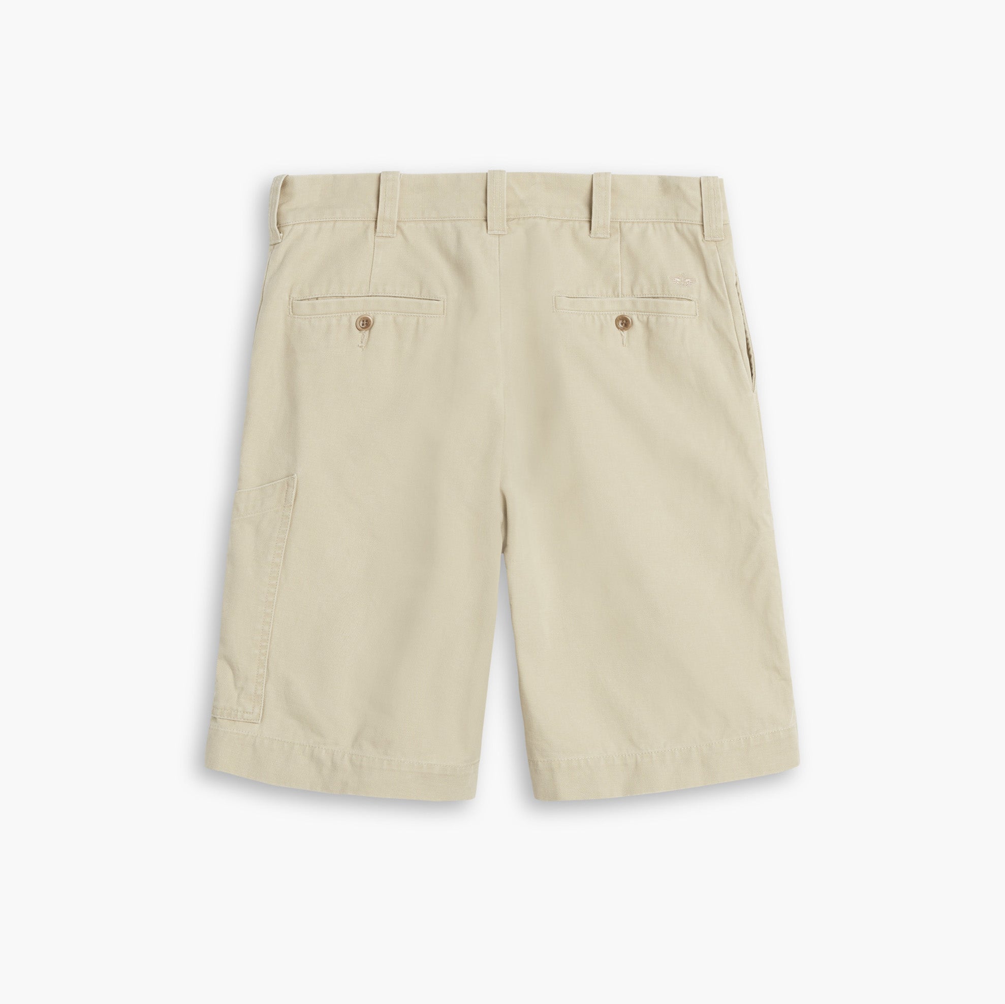 Dockers D-Series Utility Short in beige, featuring belt loops, two buttoned back welt pockets, and a side pocket, shown on a plain white background.