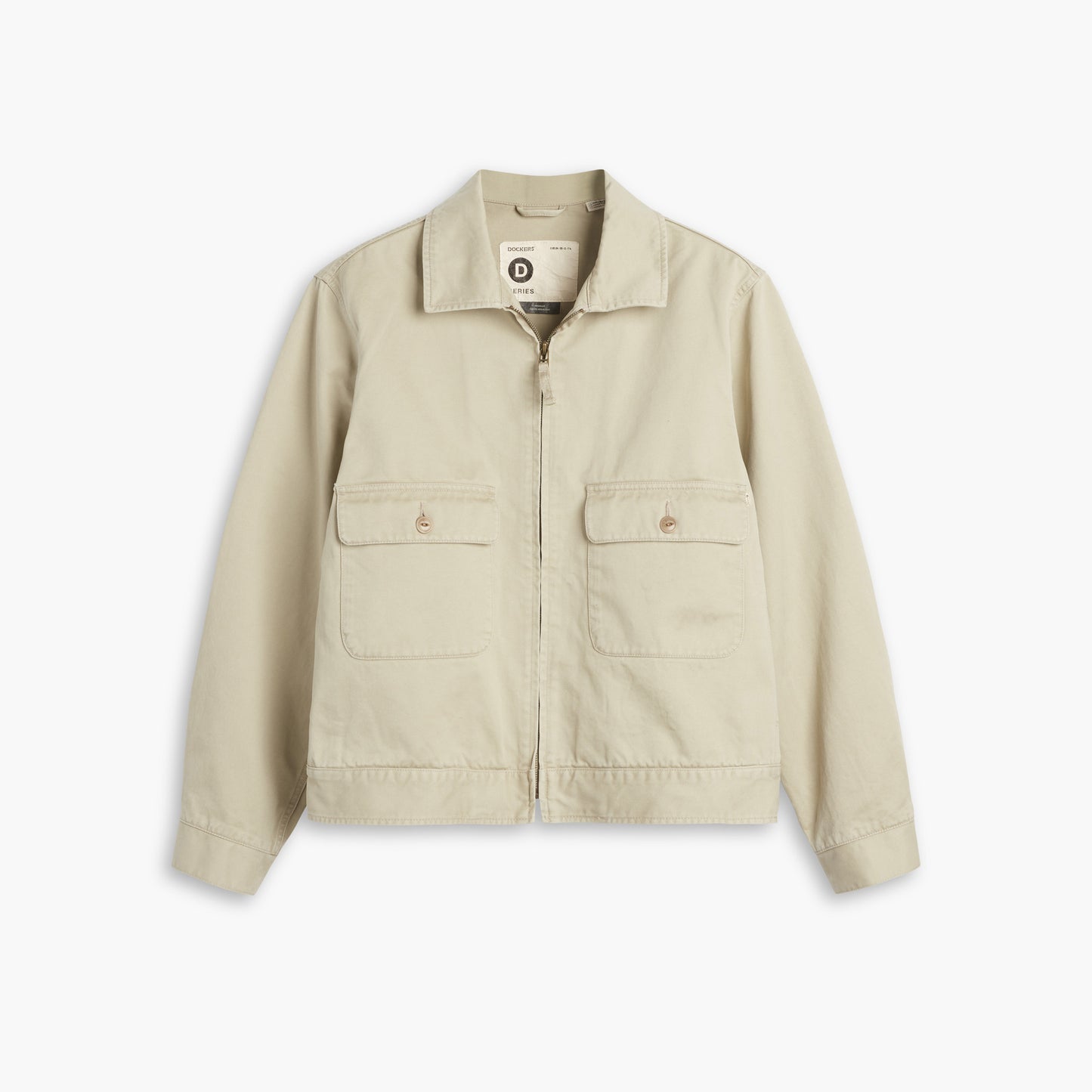 From the Transnomadica collection, Dockers' D-Series Mechanics Jacket in beige boasts a front zipper and two buttoned chest pockets, showcased against a white background.