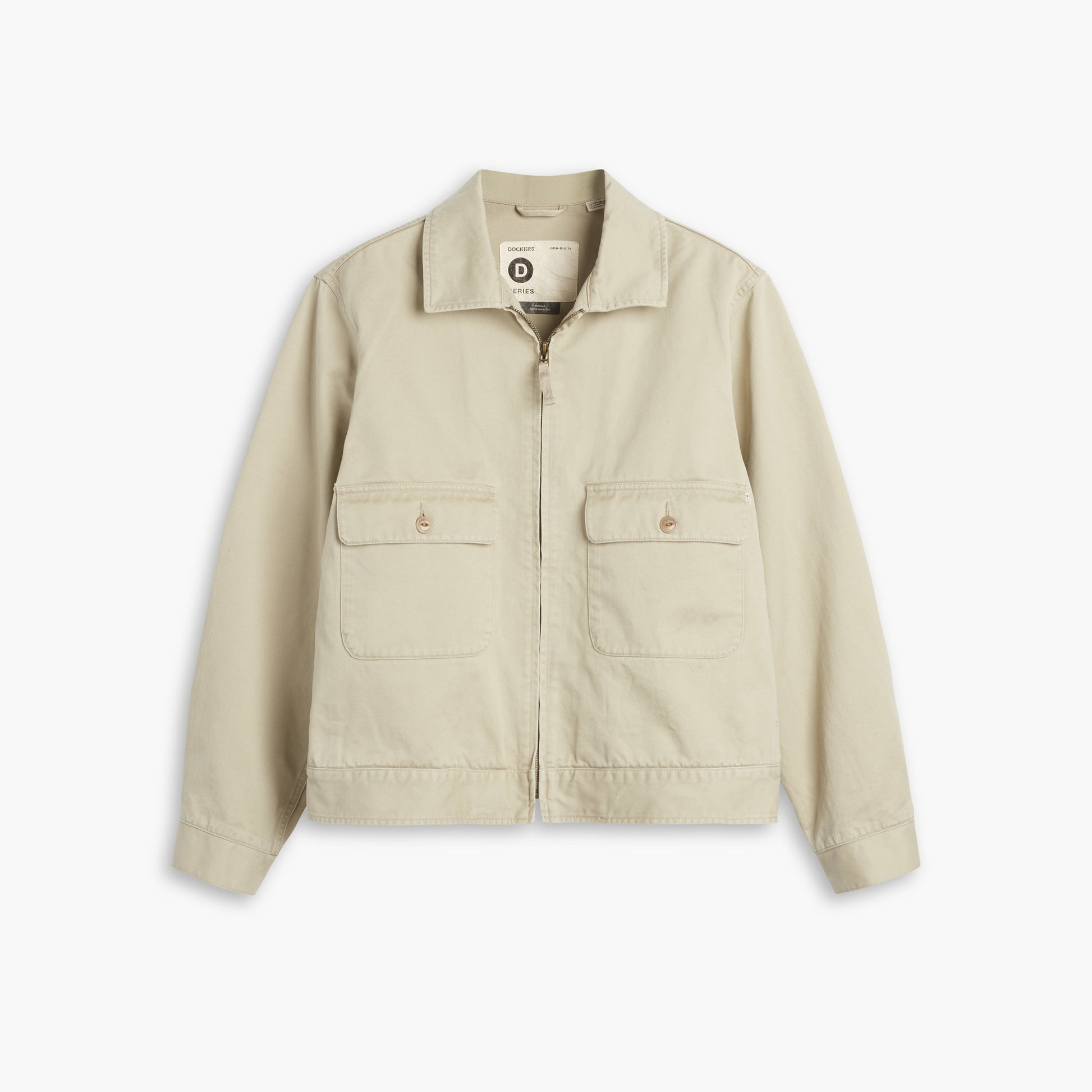 From the Transnomadica collection, Dockers' D-Series Mechanics Jacket in beige boasts a front zipper and two buttoned chest pockets, showcased against a white background.