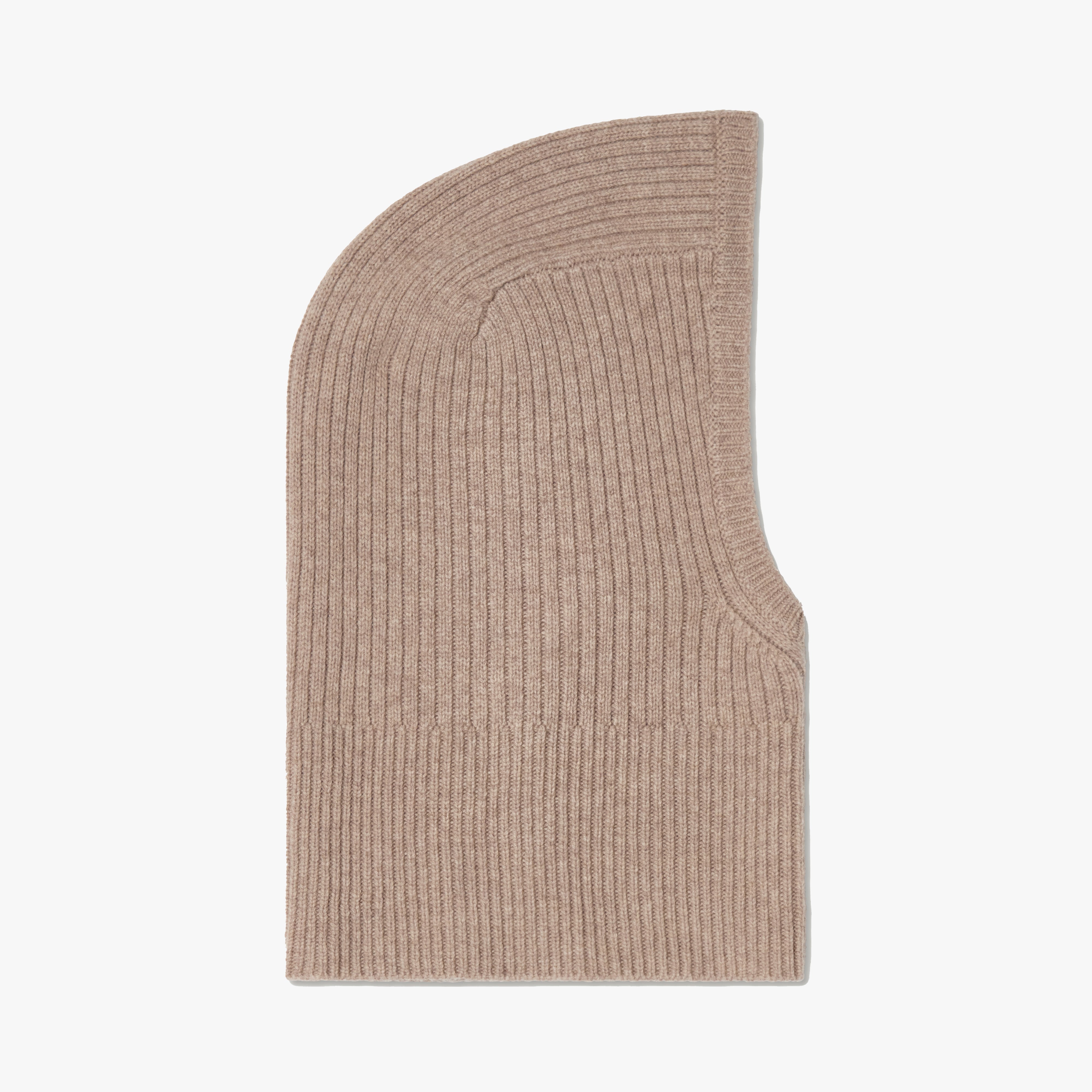 Beige ribbed knit balaclava on a white background