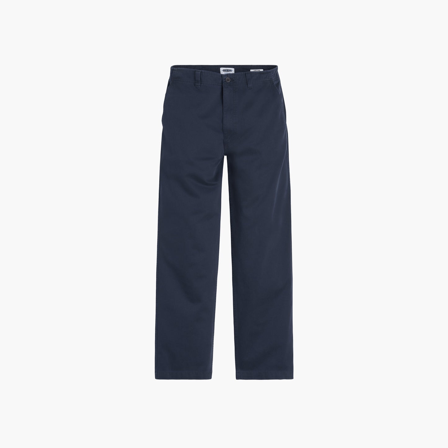 The Dockers Genderless 86 Alpha Chino straight-leg pants in dark blue, made from stretch twill, are elegantly displayed on a white background.
