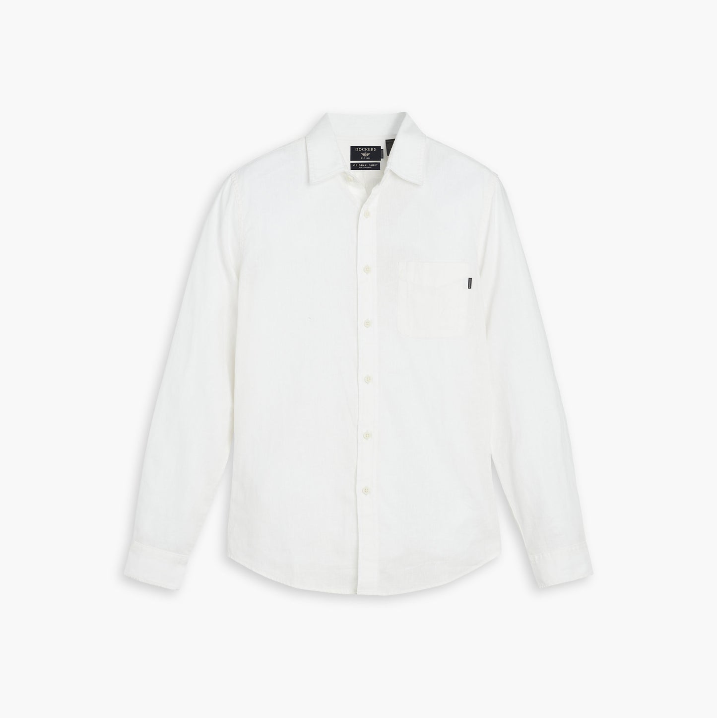 Dockers' Men's Original Shirt, LS is displayed against a plain white background. It’s a white long-sleeve button-up with a comfortable fit and features a left-side pocket.