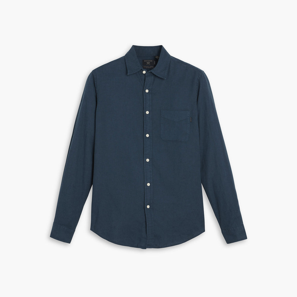 Dockers' Men's Original Shirt, LS is a dark blue button-up featuring long sleeves, a single chest pocket, and offers a clean-cut look with a comfortable fit, showcased on a white backdrop.